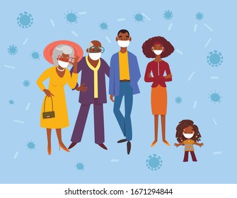 Dark Skin Family Wearing Medical Masks.
Black African Group Of Diverse Ages Wearing Face Protection To Prevent Spread Of Virus, Disease, Flu, Gas Mask.