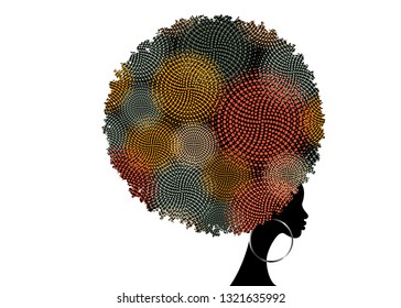 Dark Skin Female Face With Curly Hair Afro, Ethnic Traditional Earrings And Sexy Red Lips, Hair Style Concept, African Print Fabric Texture, Vector Isolated 