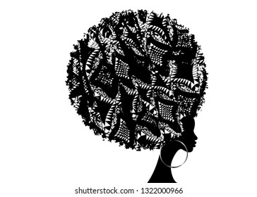 Dark skin female face with curly hair afro, ethnic traditional earrings, hair style concept, African Print fabric texture, vector isolated or white background