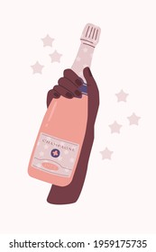 Dark skin female hand with a bottle of Champagne. Rose wine or sparkling wine flat design concept. Anniversary or holidays celebration poster, card, social post, or sticker. Vector scalable design.