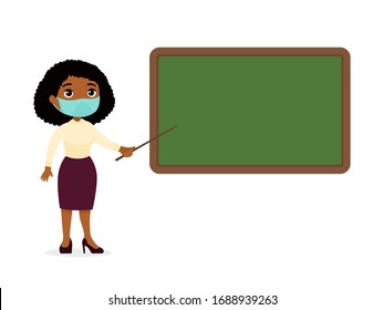 Dark skin female teacher with protective masks on her face standing near blackboard flat vector illustration. Tutor pointing at blank chalkboard in classroom cartoon character.  Respiratory virus