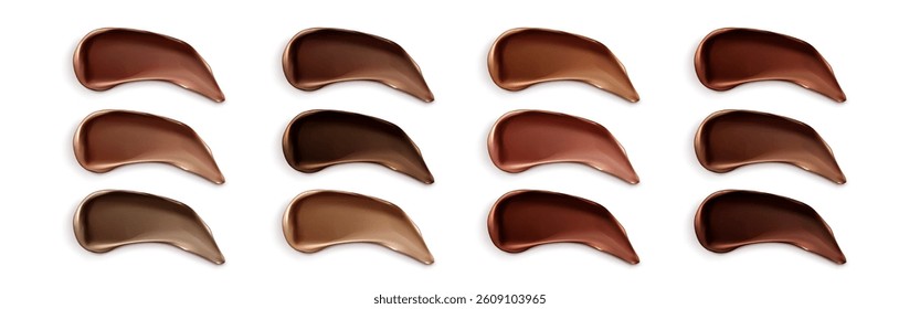 Dark skin foundation strokes set isolated on white background. Vector realistic illustration of brown tone palette, face skin concealer swatches, makeup fluid or cream samples, chocolate paint smears