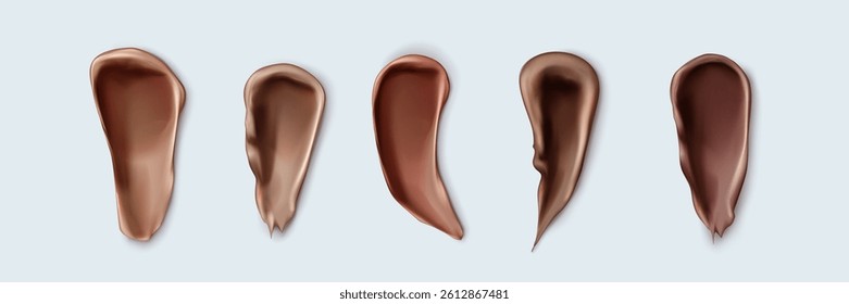 Dark skin foundation swatches from lightest to deepest shades - smooth smears showing color range for makeup matching. Liquid cosmetic texture strokes, beauty product samples for dark skin tones.