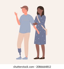 Dark skin girl helping boy with prosthesis leg. Supporting and assisting disabled people cartoon vector illustration