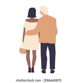 Dark skin girl and man back lovely couple. Beautiful and romantic feelings in relationship cartoon vector illustration