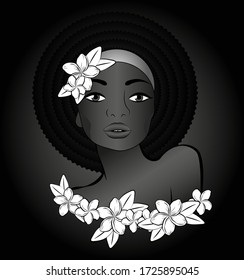 Dark skin girl with plumeria in hair