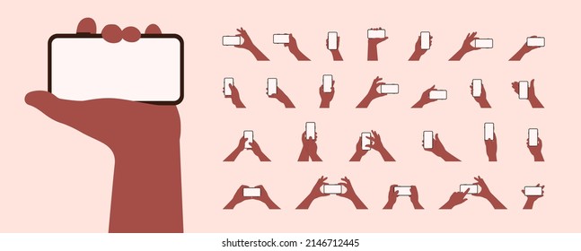 Dark skin hand hold mobile phone with blank screen illustration vector set in flat style isolated. African American black skin females and males palm is touching and using smartphone with fingers.