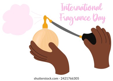 A dark skin hand holding a beige parfume. Cologne and fragnance, scent. International Fragrance Day.