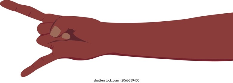 Dark skin hand rock gesture. Flat illustration. Realistic rock n roll gesture. Vector.