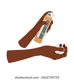 Dark skin hands applying foam. Skin care. Sun protection, skin care for hands, face and body. Beauty products, cosmetics, hygiene. Vector flat illustration on isolated background
