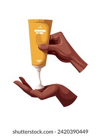 Dark skin Hands with tube of cream. Beauty, skin care, body care, cosmetic concept. Isolated vector illustration.