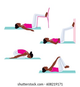 Dark skin indian girl lying on the mat and doing yoga exercises. Vector illustration