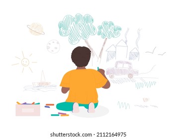 Dark skin little boy drawing a car on room wall. Spending leisure time home developing creativity