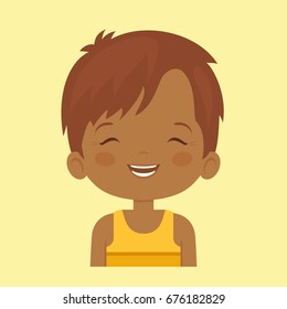 Dark skin little boy laughing facial expression, cartoon vector illustrations isolated on yellow background. Handsome little boy emoji laughing out load with closed eyes and open mouth. 