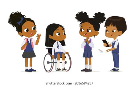 Dark skin little girl in wheelchair greeting multiracial diversity classmates at primary class vector illustration. Elementary pupils wearing school uniform studying at inclusion education isolated