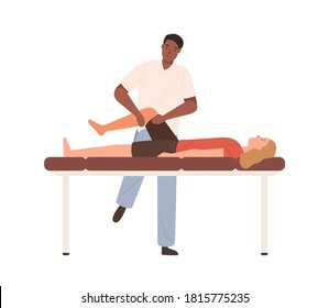 Dark skin male chiropractor making rehabilitation massage of legs to female patient vector flat illustration. Doctor or osteopath practicing alternative medical treatment work with client isolated