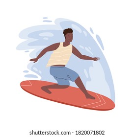 Dark skin male surfer standing on surfboard riding at wave vector flat illustration. Active guy practicing seasonal extreme sport isolated on white. Joyful man enjoying hobby at sea or ocean water