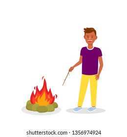 Dark Skin Man Standing near Bonfire Vector Clipart. Tourist on Camping Flat Drawing. Cartoon Character Holding Stick. Tanned Hand Drawn Guy on Picnic. Holidaymaker Isolated Design Element