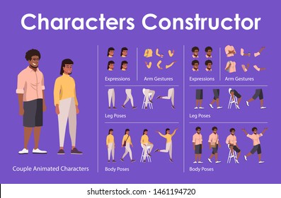 Dark skin man, woman front view animated flat vector characters design set. Сharacter animation creation cartoon pack. Couple constructor with various face emotion, body poses, hand gestures, legs kit