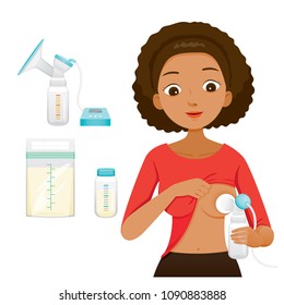 Dark Skin Mother Pumping Her Breast With Automatic Breast Pump, Mother's day, Suckling, Infant, Motherhood, Innocence