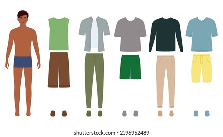 Dark skin paper doll man with clothes for different events, vector illustration