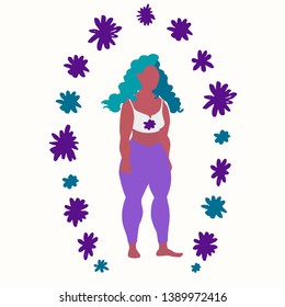 Dark skin plus size girl in modern clothes. Young woman with turquoise curly hair. Plump lady in white tank top and lilac leggings. White background with purple and blue flowers