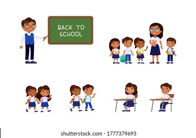 Dark skin schoolchildren and teachers. Cheerful classmates standing near blackboard. Children go to school, sit at  schooldesk. Greeting on school chalkboard. The concept of back to school. 