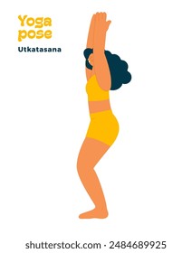 Dark skin tone female perform yoga pose isolated on white background. Utkatasana - Chair Pose.