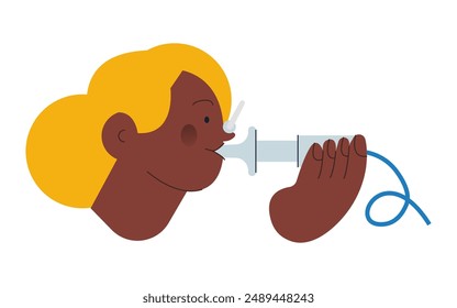 Dark Skin Tone Female Performs Pulmonary Function Test. Modern Flat Vector Illustration. Lung Function Test on Patient. Website Banner, Landing Page Design Template.