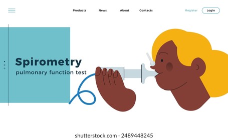 Dark Skin Tone Female Performs Pulmonary Function Test. Modern Flat Vector Illustration. Lung Function Test on Patient. Website Banner, Landing Page Design Template.