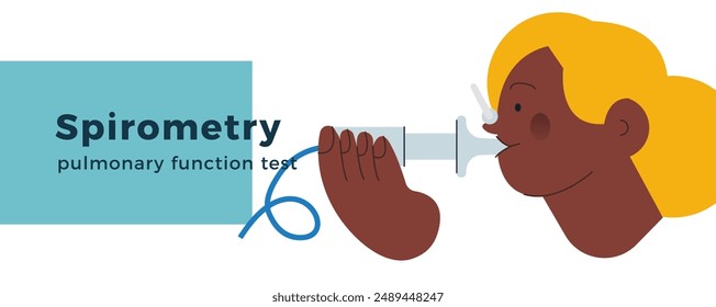 Dunkler Hautton Weiblich führt Lungenfunktionstest durch. Moderne flache Vektorillustration. Lungenfunktionstest am Patienten. Website Banner, Landing Page Design Vorlage.