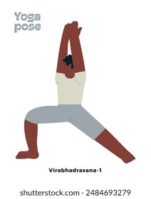 Dark skin tone male perform yoga pose isolated on white background. Virabhadrasana 1 - Warrior Pose.