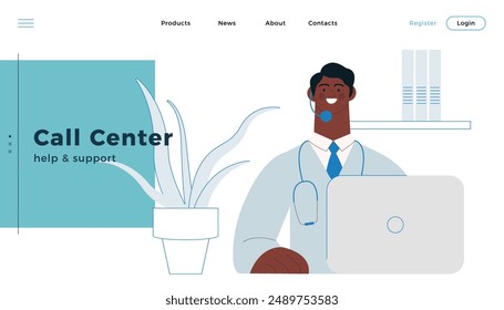 Dark Skin Tone Medical Specialist Wearing Headset with Laptop on Abstract Background. Call Center Concept. Modern Flat Vector Illustration. Website Banner, Landing Page Template.