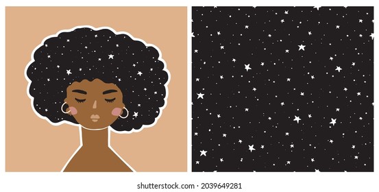 Dark Skin Woman with Black Curly Hair Full of Stars. Irregular Starry Seamless Vector Pattern. White Hand Drawn Stars Isolated on a Black Background. Printable Art with Girl on a Light Brown Layout.