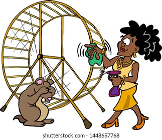 Dark skin woman cleaning her hamster wheel