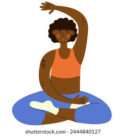 Dark skin woman doing yoga exercises. International yoga day. National yoga day flyer, poster