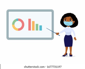 Dark skin woman in an office suit points to a demo board with graphs. Character with a protective mask on his face. Virus protection, allergies concept. Vector illustration on a white background