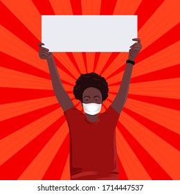 Dark skin woman wearing mask holding a banner isolated on red background. Angry riot woman on red retro background. Protesting woman in medical mask vector illustration.