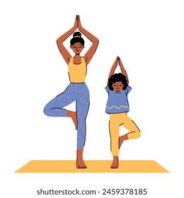 Dark skin young woman and her daughter doing yoga. Flat vector illustration of African-American family spending time together. Home workout, physical exercises, stretching and healthy lifestyle.