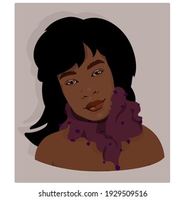 Dark skin young woman wearing scarf, thinking