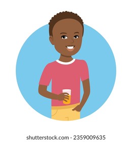 Dark skinned African boy holding glass flat vector circle icon. Young student drinking orange juice in his hand isolated on white background. Children activities, food and drink concept