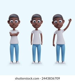 Dark skinned boy in different poses. Vector realistic child character in cartoon style