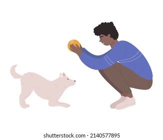 Dark skinned boy having fun and playing with dog. Spending lively and playful time with family puppy cartoon vector illustration