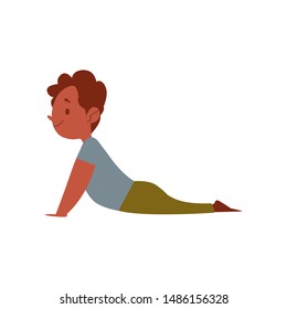 The dark skinned boy kid practicing yoga and stretches. The boy does fitness exercise and yoga for health, isolated flat cartoon illustration.