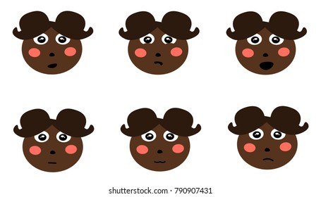 Dark skinned, brown haired cartoon girl with six different expressions.