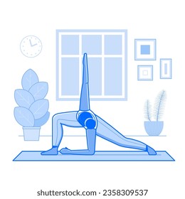 Dark skinned brunette woman practicing yoga at home. Girl doing fitness exercises on yoga mat in living room cozy interior with window and plants. Home workout healthy lifestyle line art scene.