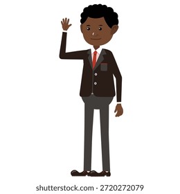 A dark skinned businessman stands thinking