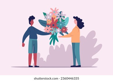 Dark skinned character mangives a bouquet of flowers to white girl, St Valentine's day, March 8, womans day, first love, holiday, love, date, happiness, romantic, simple modern illustration.