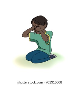 Dark skinned child, boy crying. Vector outlined illustration. Colored image, gray background