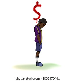 Dark skinned child, boy, teen, teenager standing frustrated, money problems, red dollar sign, simbol. Vector outlined illustration. Colored image, white background.
